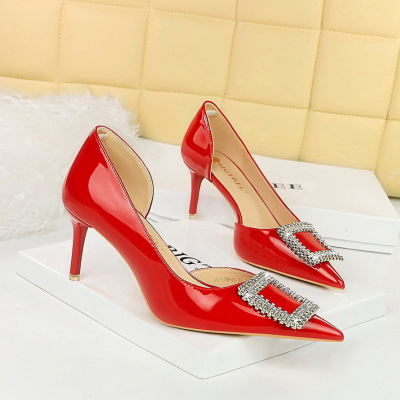 High heels patent leather shallow square metal rhinestone buckle shoes 15
