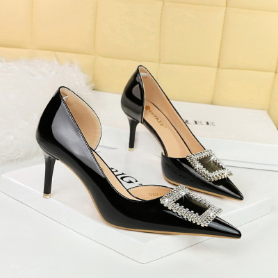 High heels patent leather shallow square metal rhinestone buckle shoes 15