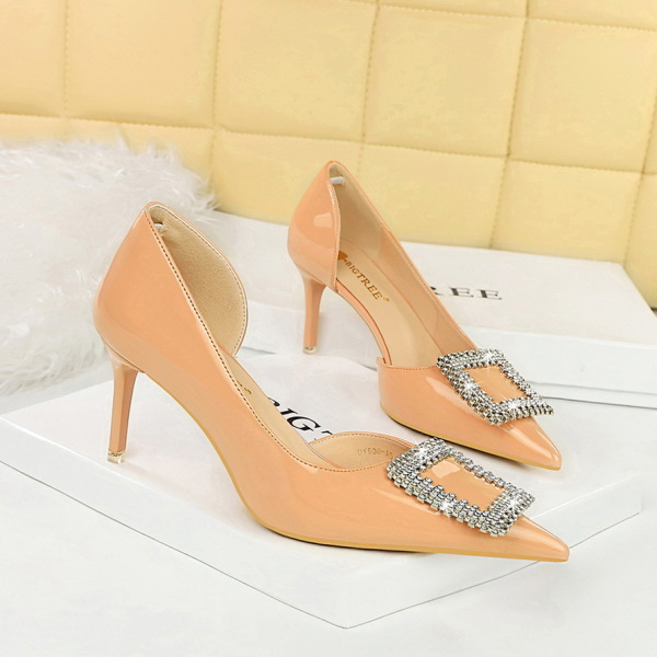 High heels patent leather shallow square metal rhinestone buckle shoes 15