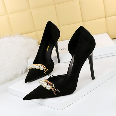 Pearl Metal Chain Side Hollow High Heel Shoes 37