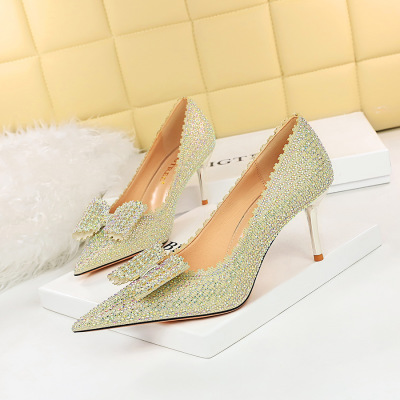 Pearl rhinestone bow high heels shoes 34