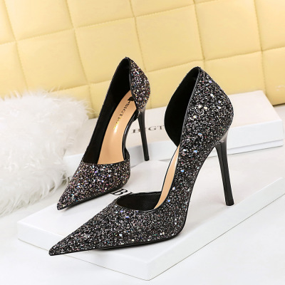 Stiletto heel shallow mouth pointed toe shining sequins single shoes 38