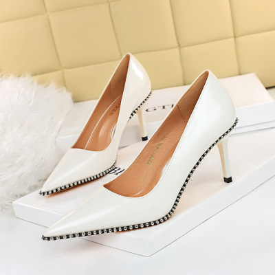 Stiletto high heel patent leather pumps with metal beads and rivets 12
