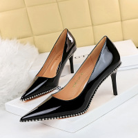 Stiletto high heel patent leather pumps with metal beads and rivets 12