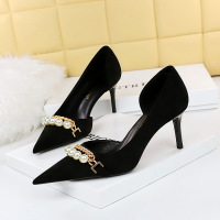 Suede Pearl Metal Chain Side Hollow Women's Shoes 39