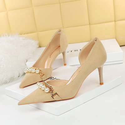 Suede Pearl Metal Chain Side Hollow Women's Shoes 39