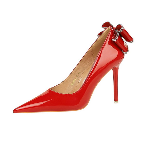 Women's patent leather high heel shoes with bow at the back 24