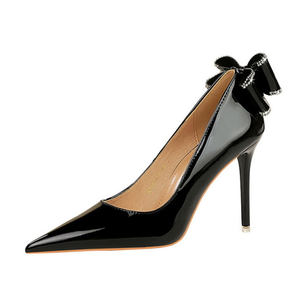 Women's patent leather high heel shoes with bow at the back 24