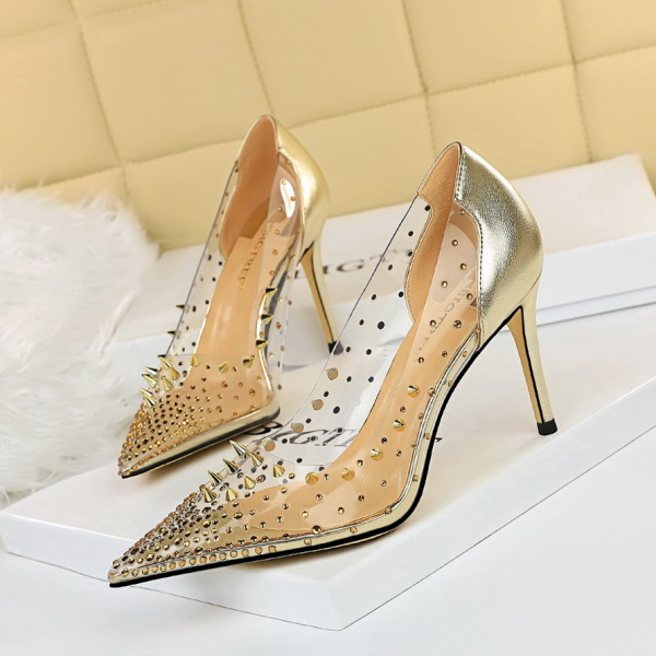 PU surface metal rhinestone hollow high heel shoes 45