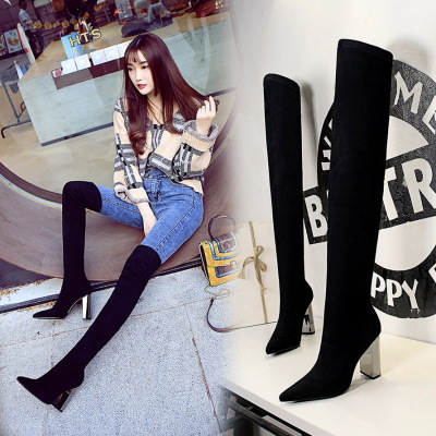 Metal heel chunky high heel suede over-the-knee boots 59