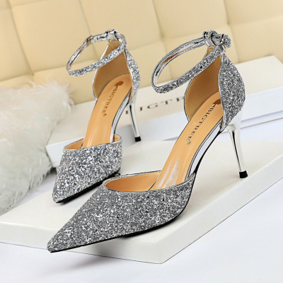 Metal stiletto heel sequined hollow sandals 47