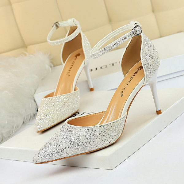 Metal stiletto heel sequined hollow sandals 47