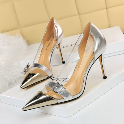 PU surface hollow belt decorated high heel shoes 44