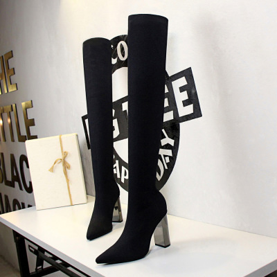 Simple metal thick heel high heel slim wool over the knee boots 57