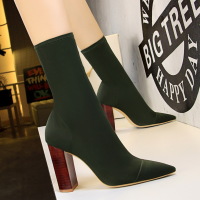 Simple wood grain thick heel high heel ankle boots 56
